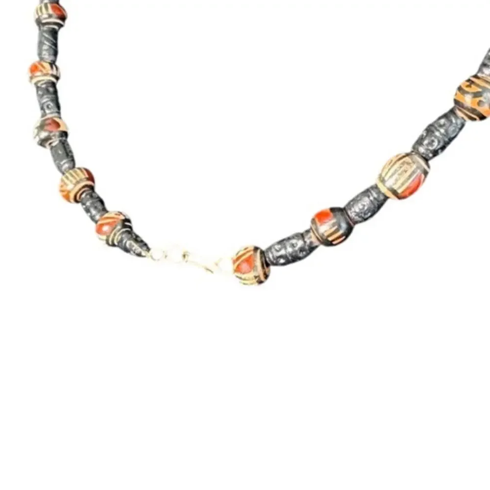 Vintage African Trade Bead Necklace Black Etched Tribal Glass Pattern Boho
